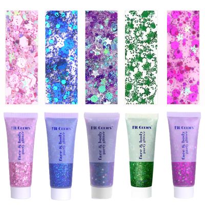 Face Body Glitter, Hair Glitter Sparkles Chunky Face Glitter Gel for Girls Makeup Singer Concerts Mermaid Festival Sequins Face Paint (Pink+Blue+Purple+Green+Rose)
