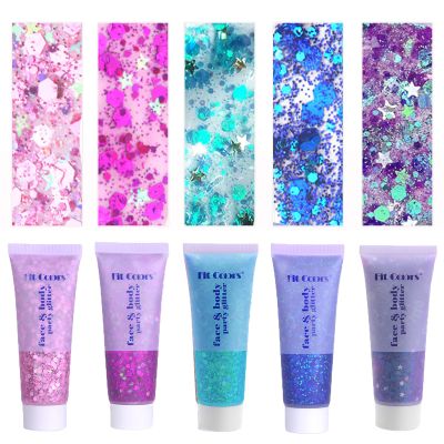 Face Body Glitter, Hair Glitter Sparkles Chunky Face Glitter Gel for Girls Makeup Singer Concerts Mermaid Festival Sequins Face Paint (Pink+Blue+Purple+Rose+Light Blue)