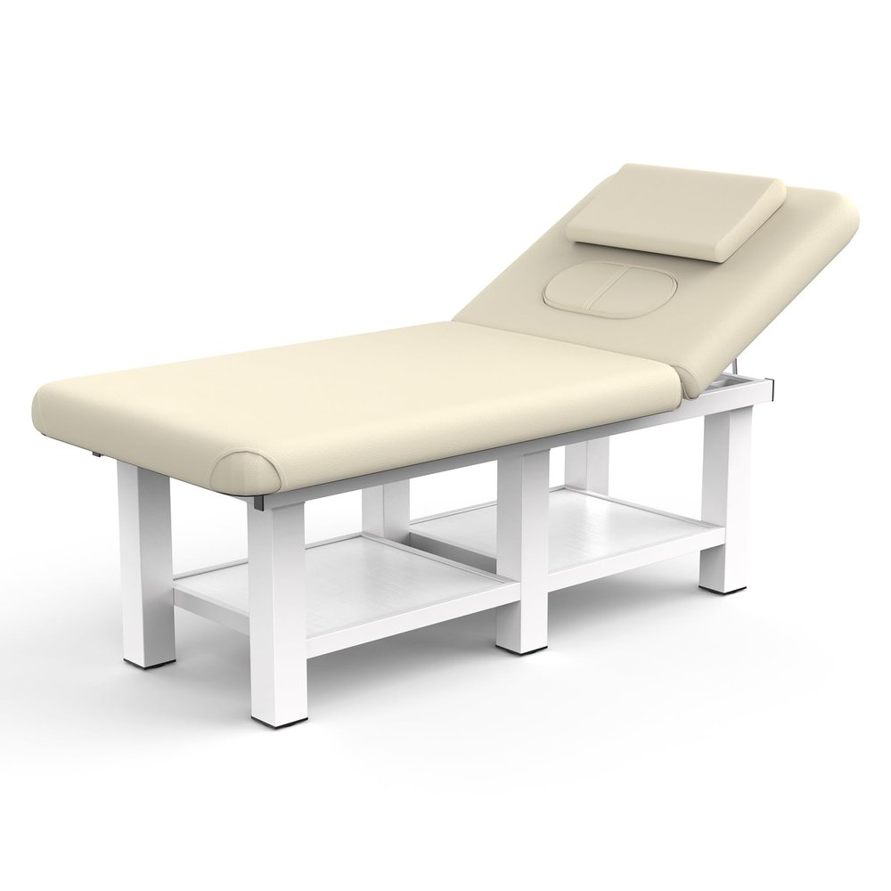 Beige Grey Wide Stationary Massage Table with Backrest for Treatment Table Physical Therapy Table Spa Facial Bed, Metal Frame PU Leather 31.5'' Wide 75'' Long Heavy Duty Professional Massage Bed