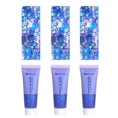 Face Body Glitter, Hair Glitter Sparkles Chunky Face Glitter Gel for Girls Makeup Singer Concerts Mermaid Festival Sequins Face Paint (3pc Blue)