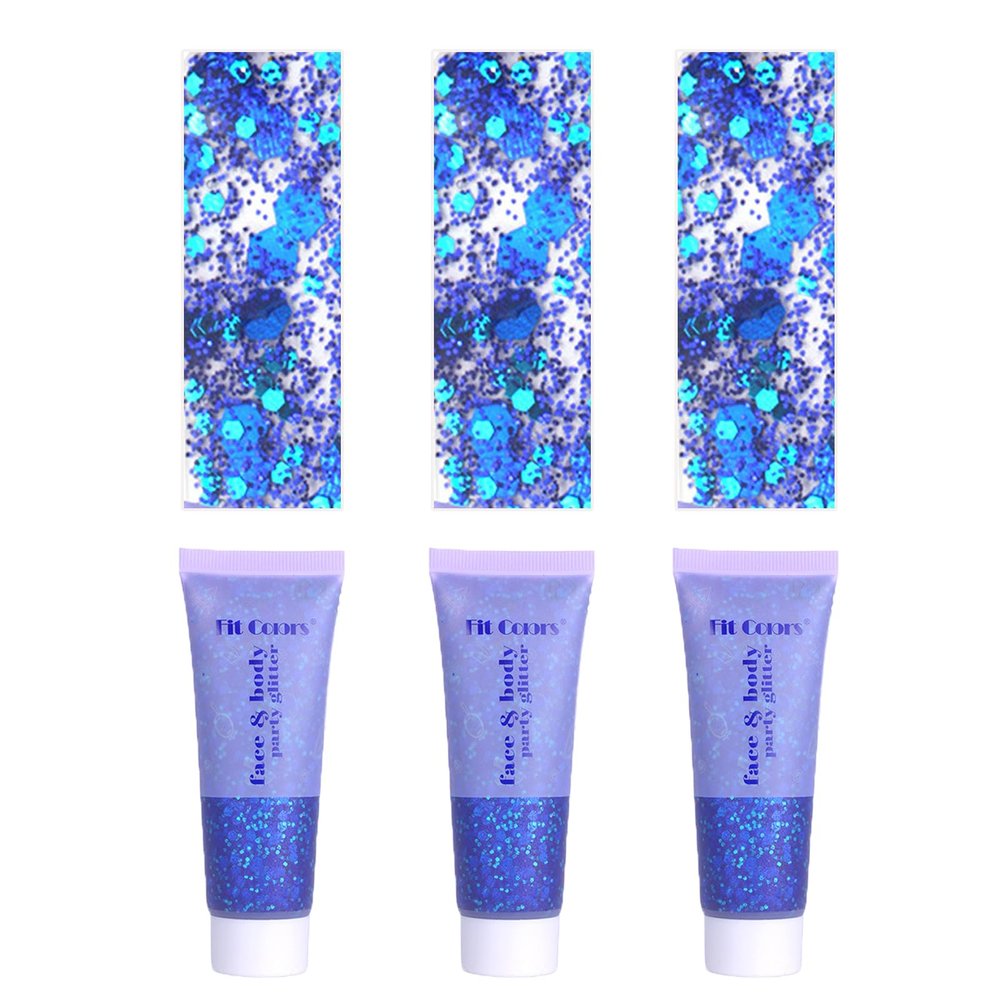 Face Body Glitter, Hair Glitter Sparkles Chunky Face Glitter Gel for Girls Makeup Singer Concerts Mermaid Festival Sequins Face Paint (3pc Blue)