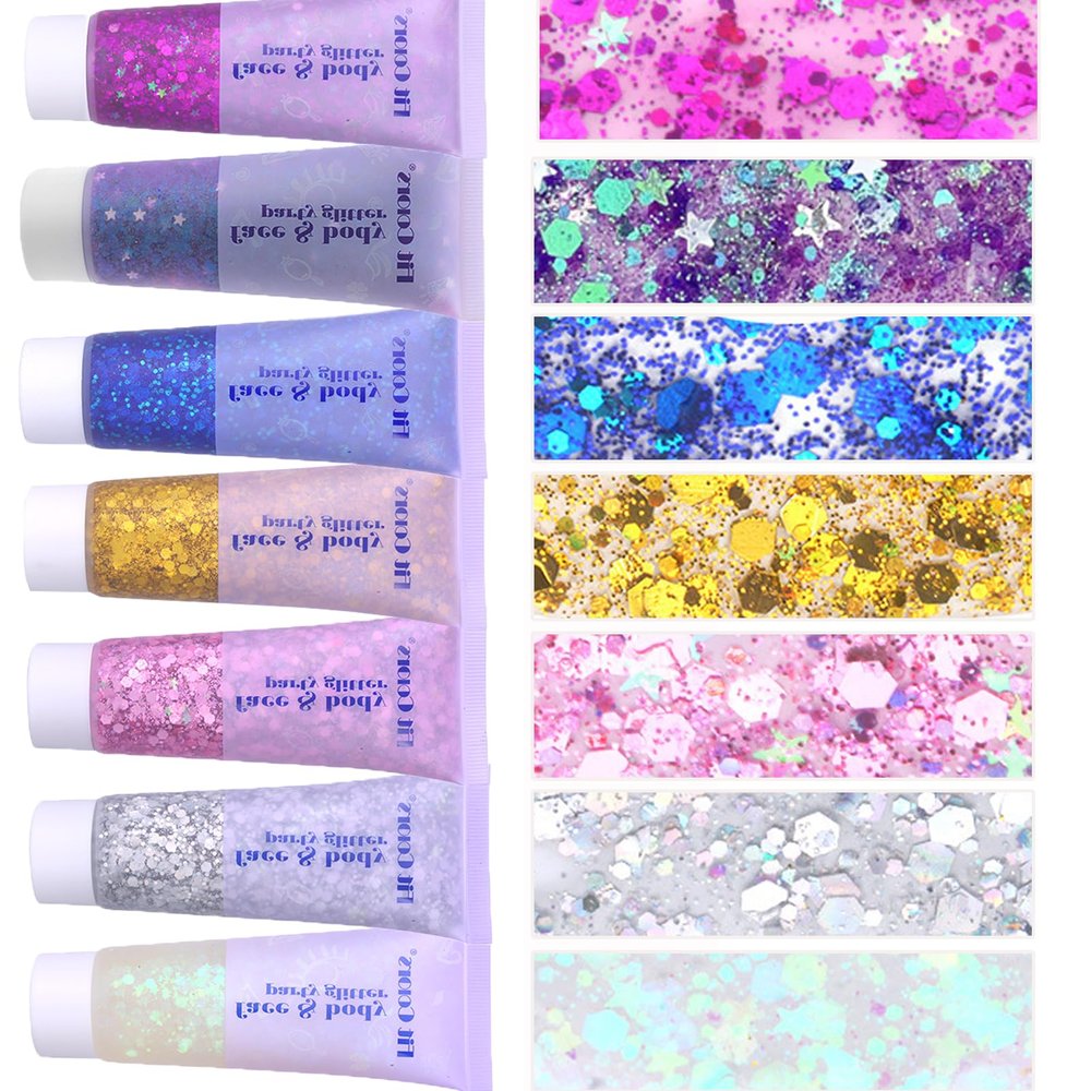 Face Body Glitter, Hair Glitter Sparkles Chunky Face Glitter Gel for Girls Makeup Singer Concerts Mermaid Festival Sequins Face Paint (Pink+Blue+Purple+Rose+White+Silver+Gold)
