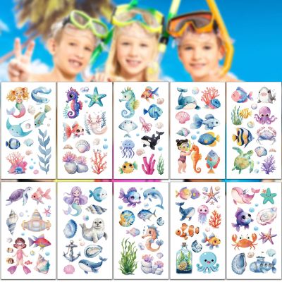 100 Pcs Ocean Animals Temporary Tattoos, Washable Sea Creature Tattoos Stickers for Kids, Ocean Theme Party Tattoos, Under The Sea Party Decorations for Parties, Classrooms