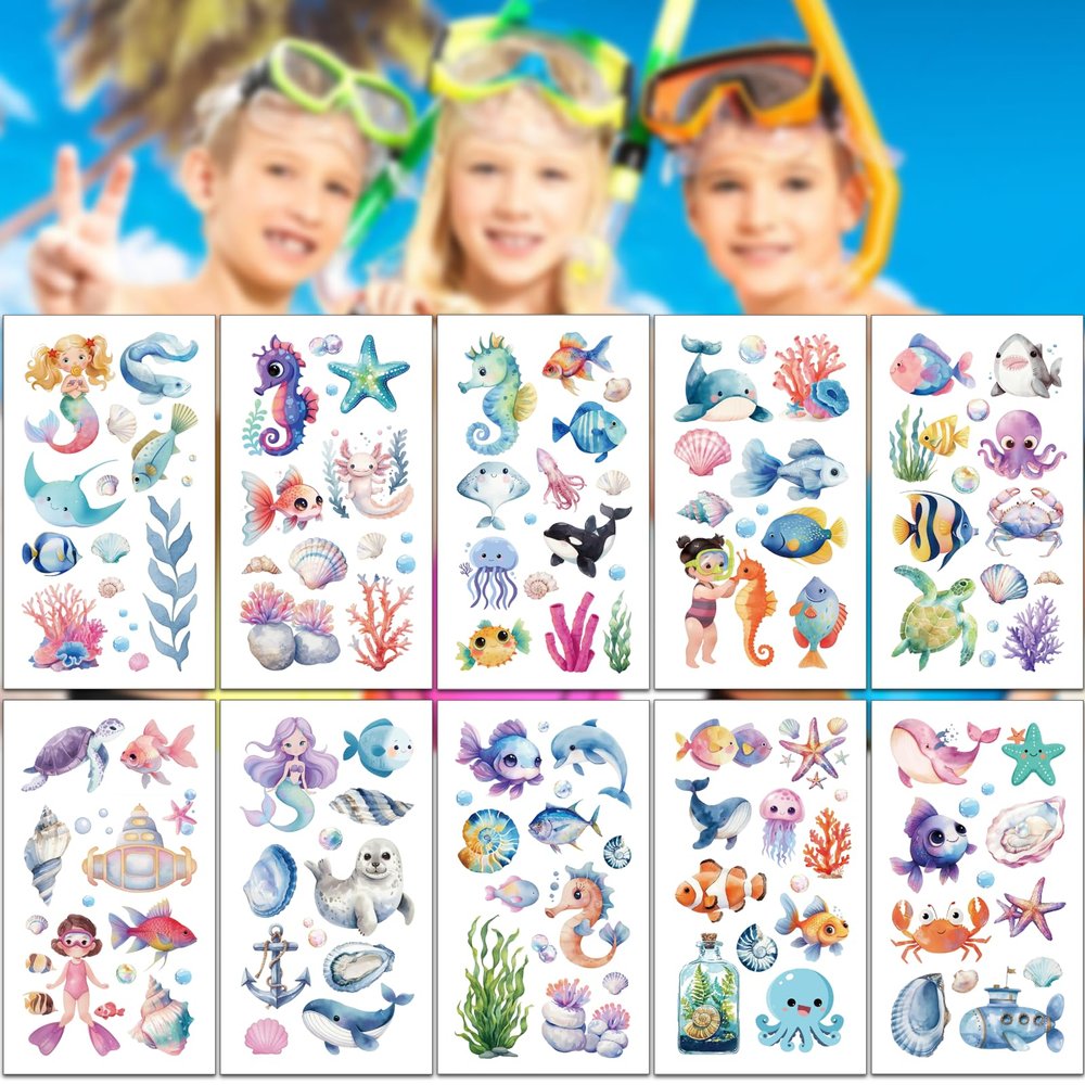100 Pcs Ocean Animals Temporary Tattoos, Washable Sea Creature Tattoos Stickers for Kids, Ocean Theme Party Tattoos, Under The Sea Party Decorations for Parties, Classrooms