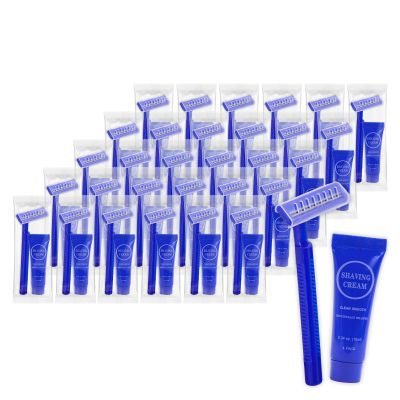 Disposable Razor Shaving Cream Set, Individually Wrapped Manual Twin Blade Shaving Razors in Bulk with Mini Smooth Shaving Cream Toiletries for Hotel Charity Camping Travel Homeless 0.34oz (30 Pack)