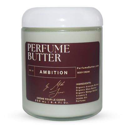 8.4 Fl. oz Perfume Butter  AMBITION | Luxuriously Hydrating & Lasting Scented Body Butter with Bergamot, Saffron, Oud & Amber | Unisex & Handcrafted for Silky Soft Skin  Amber Glass Jar