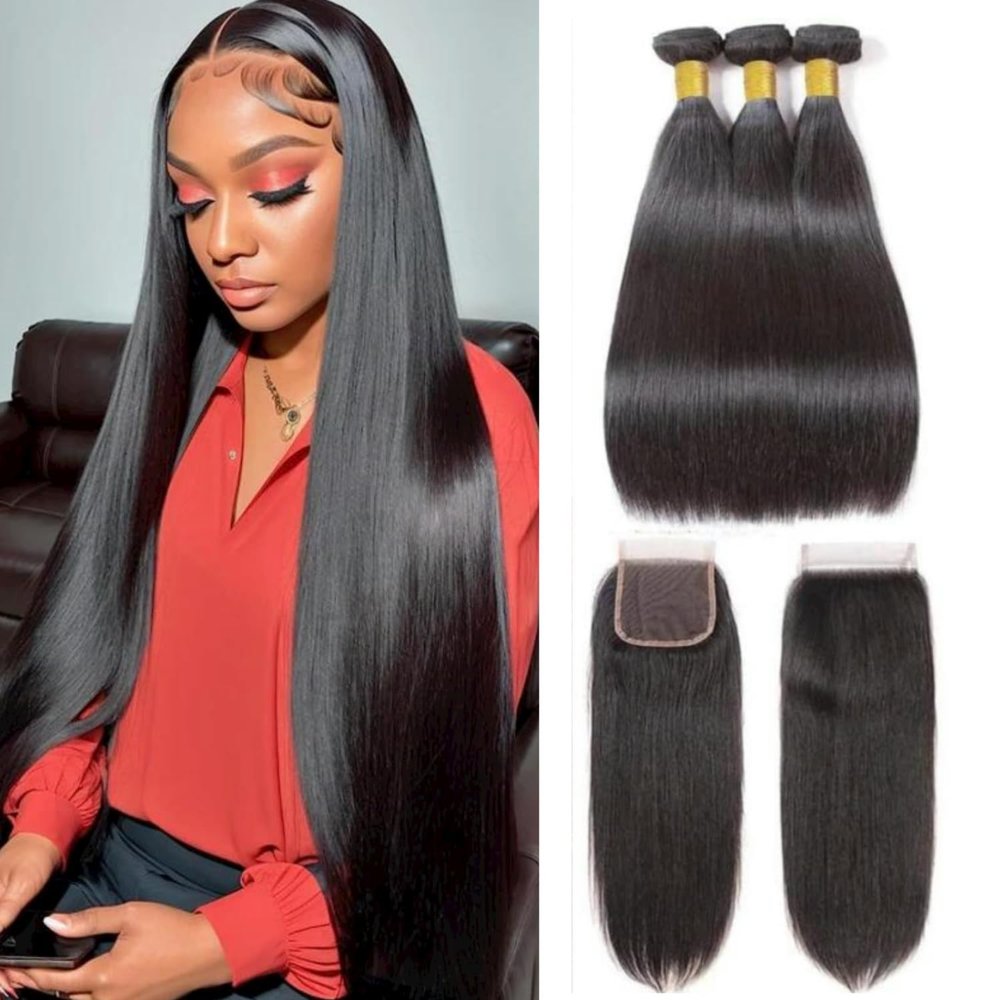 Straight Bundles With Closure Human Hair Hair 14 16 18 and 12 Inch 3 Bundles With Transparent Lace 4X4 Closure Human Hair