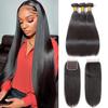 Straight Bundles With Closure Human Hair Hair 14 16 18 and 12 Inch 3 Bundles With Transparent Lace 4X4 Closure Human Hair view 1