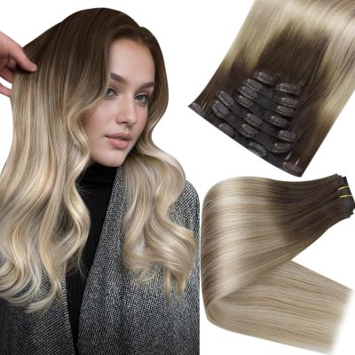 Full Shine Human Hair Clip in Extensions 16 Inch Ombre Dark Brown to Ash Blonde and Platinum Blonde Real Human Hair Clip ins Extension Thick End 8 PCS 120 Grams