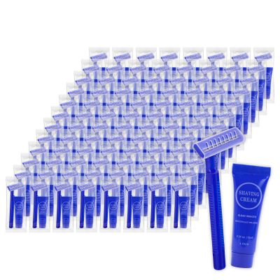 Disposable Razor Shaving Cream Set, Individually Wrapped Manual Twin Blade Shaving Razors in Bulk with Mini Smooth Shaving Cream Toiletries for Hotel Charity Camping Travel Homeless 0.34oz (100 Pack)