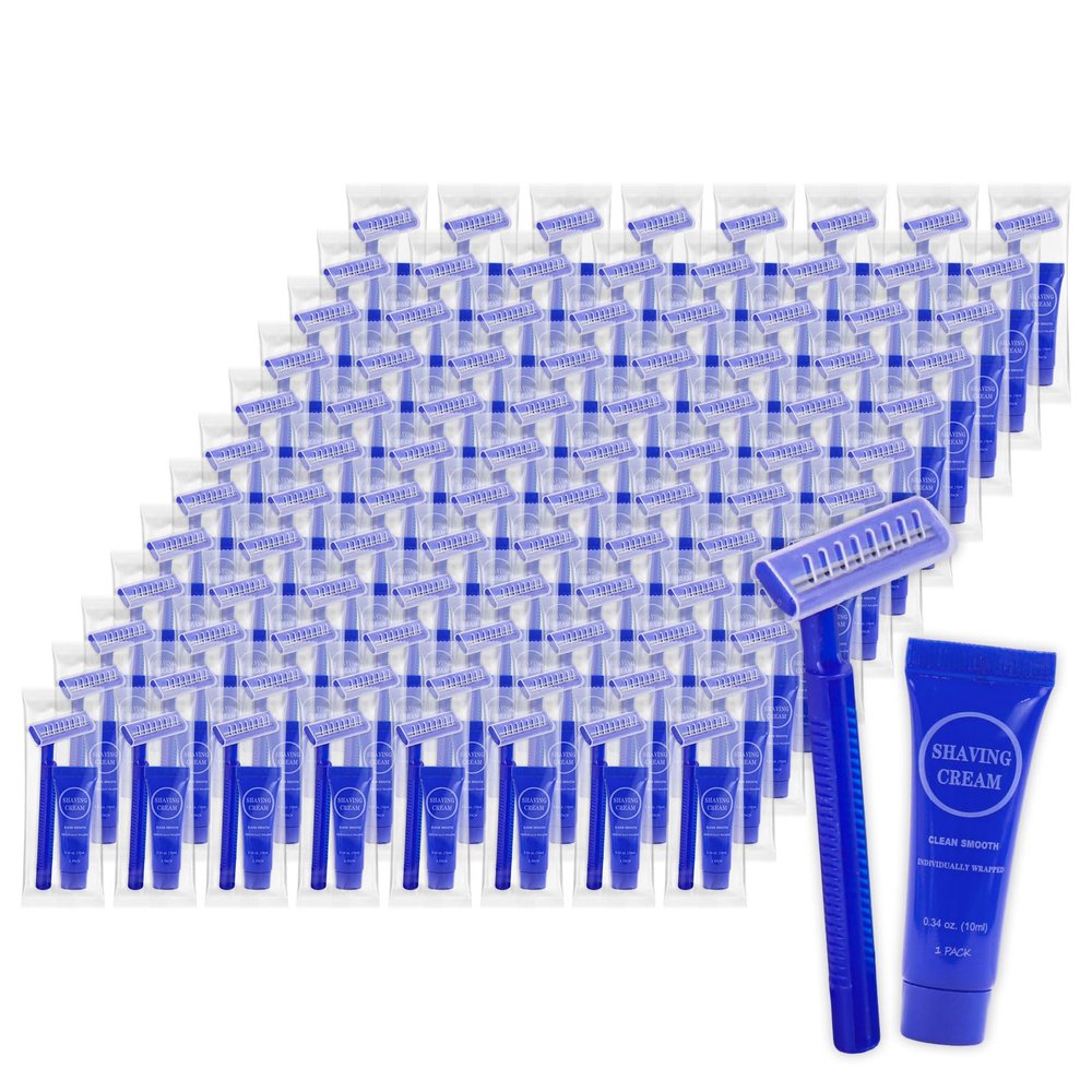 Disposable Razor Shaving Cream Set, Individually Wrapped Manual Twin Blade Shaving Razors in Bulk with Mini Smooth Shaving Cream Toiletries for Hotel Charity Camping Travel Homeless 0.34oz (100 Pack)