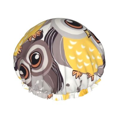 Animal Cartoon Owls Cute Shower Cap For Women Reusable Double Layers Bathing Bath Cap Hair Caps Waterproof Elastic Band Ladies Spa Salon Shower Hat Hair Caps