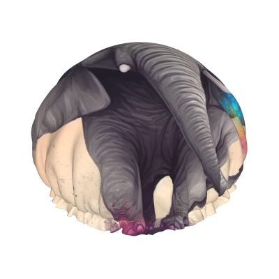 Animal Cartoon Elephant Shower Cap For Women Reusable Double Layers Bathing Bath Cap Hair Caps Waterproof Elastic Band Ladies Spa Salon Shower Hat Hair Caps