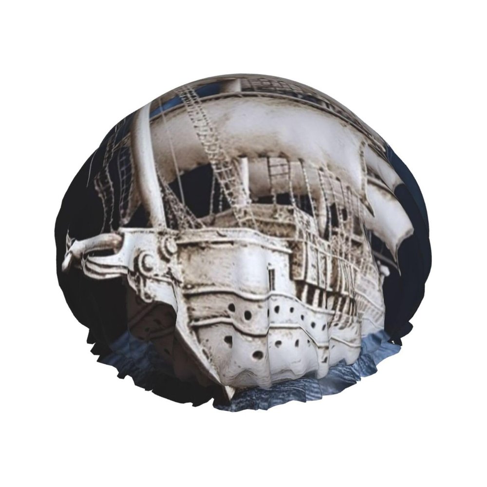 Vintage Nautical White Ship Shower Cap For Women Reusable Double Layers Bathing Bath Cap Hair Caps Waterproof Elastic Band Ladies Spa Salon Shower Hat Hair Caps