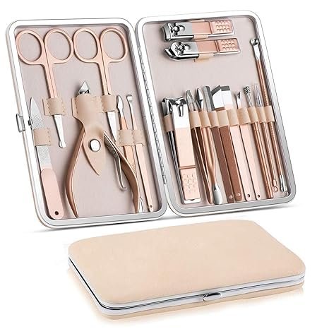18 IN 1 Stainless Steel Professional Manicure Set Nail Cutter For Women Nail Scissors Grooming Kit Manicure Pedicure Kit For Women Nail Acne Remover needle, Blackhead Tool With Leather Case