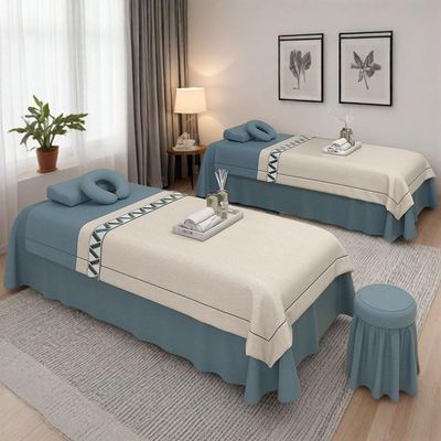 4pcs Beauty Salon Bedding Set Thick Bed Linens Sheets with Face Rest Hole, Sheets Set for Bedspread Fumigation Massage Spa Blue Square Bedside 190 * 70cm (74.8 * 27.5in)