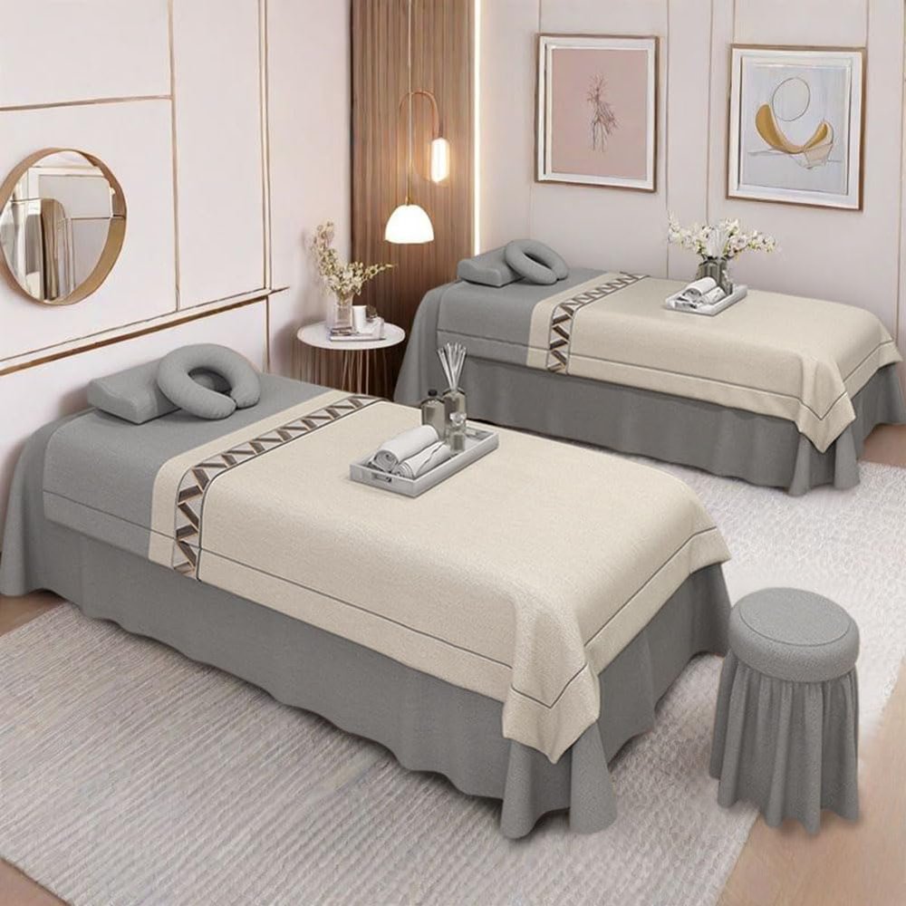 4pcs Beauty Salon Bedding Set Thick Bed Linens Sheets with Face Rest Hole, Sheets Set for Bedspread Fumigation Massage Spa Smoke Grey Square Bedside 190 * 80cm (74.8 * 31.5in)