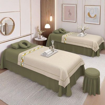 4pcs Beauty Salon Bedding Set Thick Bed Linens Sheets with Face Rest Hole, Sheets Set for Bedspread Fumigation Massage Spa Green Square Bedside 190 * 80cm (74.8 * 31.5in)