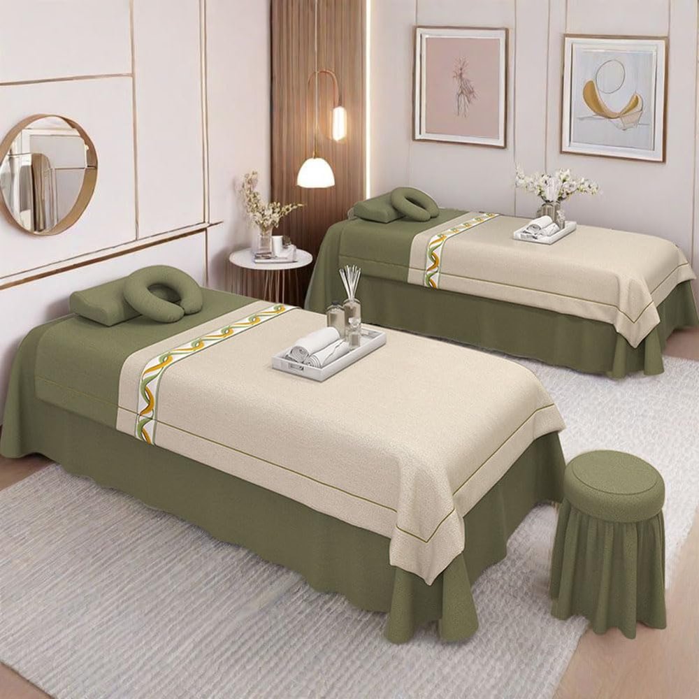 4pcs Beauty Salon Bedding Set Thick Bed Linens Sheets with Face Rest Hole, Sheets Set for Bedspread Fumigation Massage Spa Green Square Bedside 190 * 80cm (74.8 * 31.5in)