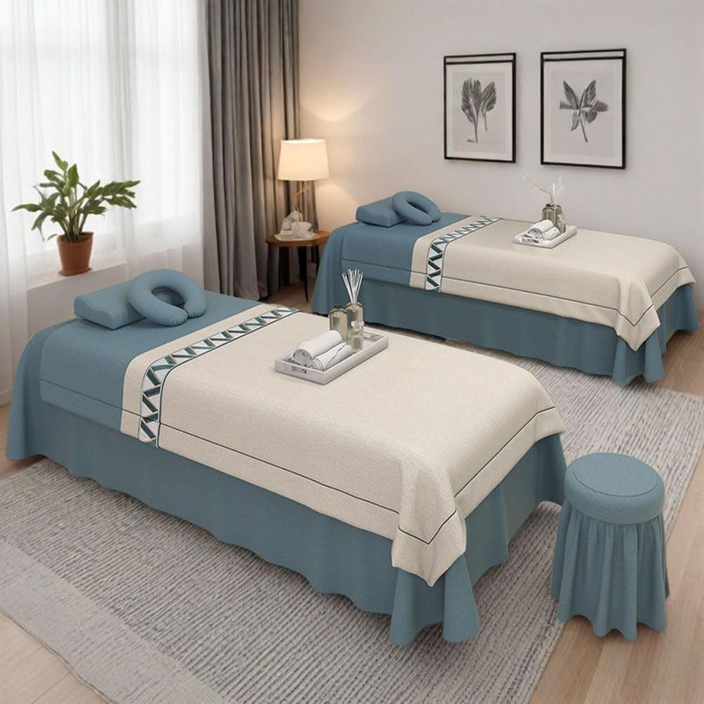 4pcs Beauty Salon Bedding Set Thick Bed Linens Sheets with Face Rest Hole, Sheets Set for Bedspread Fumigation Massage Spa Blue Square Bedside 190 * 75cm (74.8 * 29.5in)
