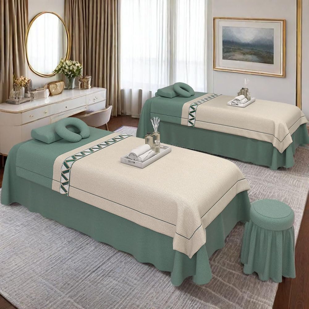 4pcs Beauty Salon Bedding Set Thick Bed Linens Sheets with Face Rest Hole, Sheets Set for Bedspread Fumigation Massage Spa Water Green Square Bedside 190 * 75cm (74.8 * 29.5in)