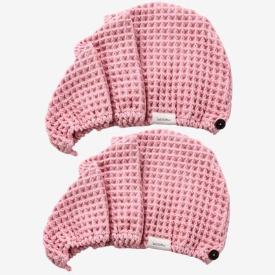100% Organic Cotton Hair Drying Waffle Towel Wrap for Women | Absorbent & Quick Dry Head Turban for Wet Hair in Shower Sauna Spa, Extra Large for Long Straight Curly Plopping Button (Pink, 2 PACK)