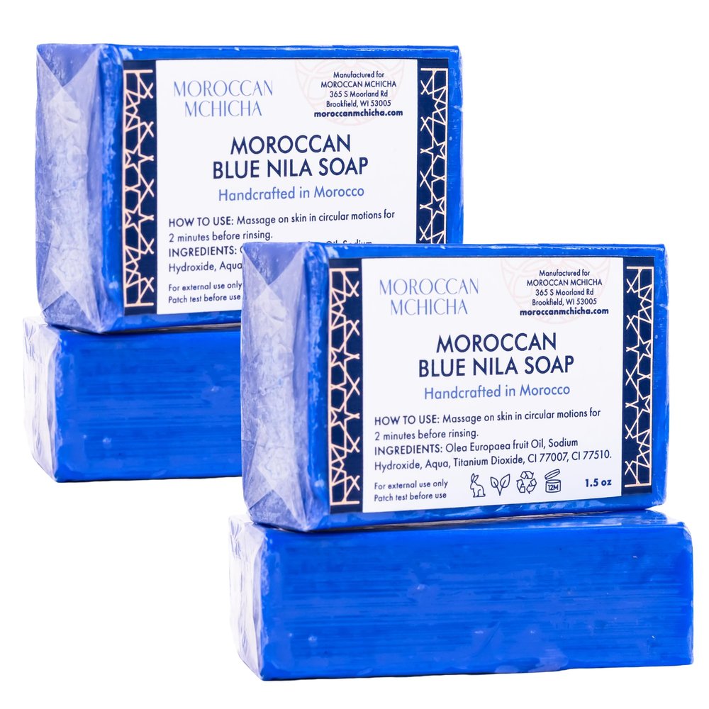 MOROCCAN MCHICHA Moroccan Soap, Blue Nila Soap for Face and Body, Made from Nila Powder (Pack of 2)