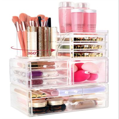 AUOIKK Clear Makeup Organizer with 9 Drawers & Rotating Brush Holder - Large Capacity Cosmetic Display Cases Storage for Vanity, Countertop, Bathroom, Lipstick and Skincare Organization