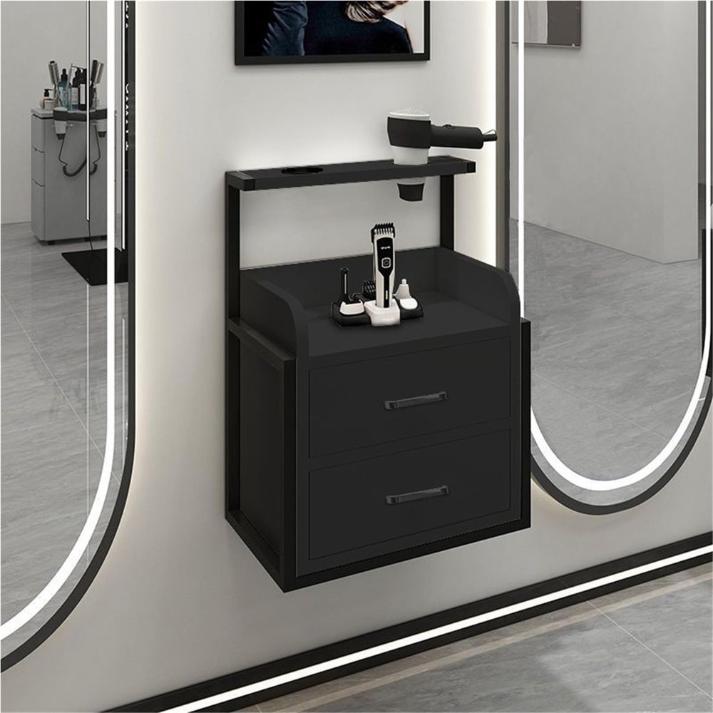 ycnbnwe Wall-Mounted Salon Cabinet with Drawers, Hanging Styling Station, Hair Cutting Storage & Dryer Rack for Salon, Beauty Room, Bedroom (White)(Black)