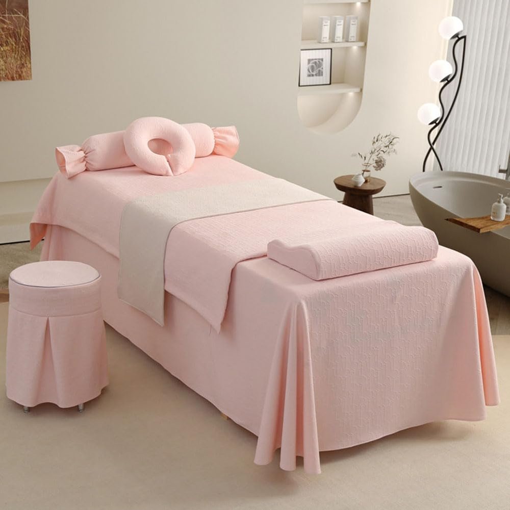FCBFJSW 4 pcs Microfiber Massage Table Sheets Set, Beauty Salon Bedding Set,Bedspread Fumigation Massage Spa Pillowcase Duvet Cover Sets Pink Square Bedside 190 * 70cm (74.8 * 27.5in)