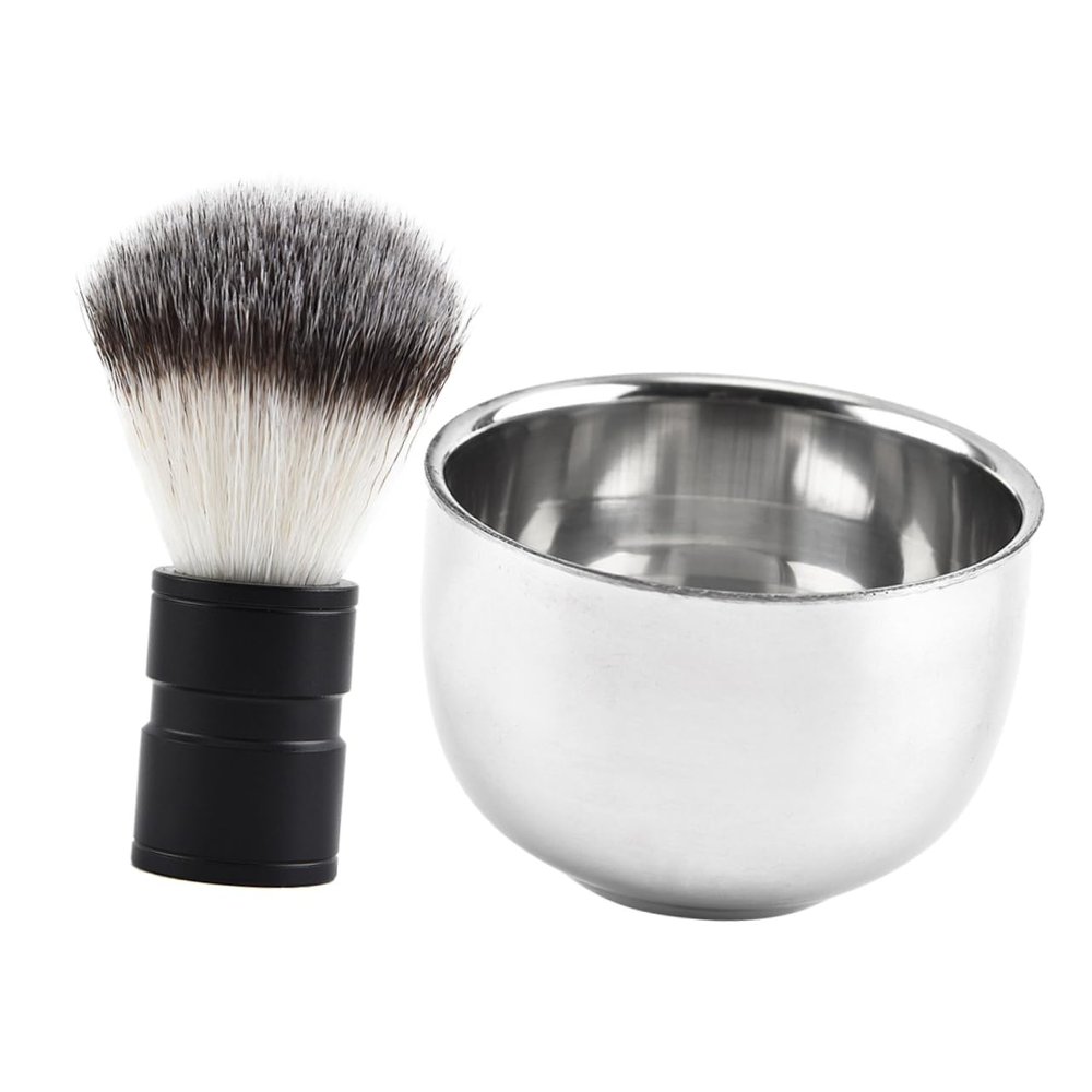Baluue 2pcs Stainless Steel Beard Shaving Brush Set Soap Bowl Manual Foam Mixer for Men Grooming