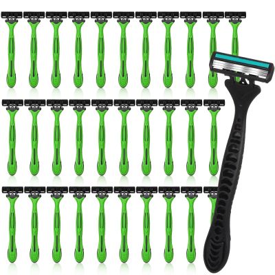 Wovnet 32 Pcs Men's Disposable Razors Bulk 3 Blade Shaving Razors for Sensitive Skin Comfortable Head Shave Valentine Gifts