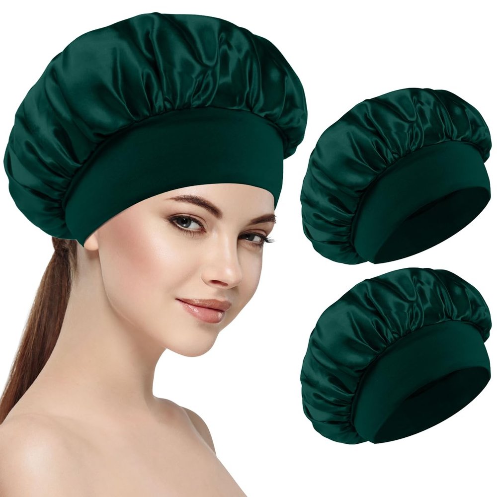 2 PCS Satin Hair Bonnet for Women | Elastic and Reusable Shower Hair Caps | Satin Bonnet for Sleeping Women, Shower Caps | Double Layers Hair Cap | Environmental Protection | 11.8 Inches, Dark Green