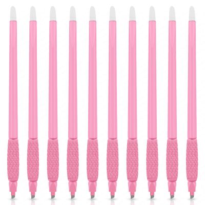 10PCS Disposable Microblading Eyebrow Pen Nano Blade Tattoo Hand Tool with Pigment Sponge for Precise Brow Shaping (10PCS Pink Pen 0.15 14F)