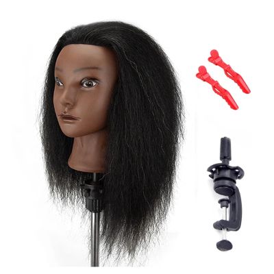 100% Real Hair Mannequin Head With Clamp Stand Fluffy Yaki Hair Mannequin Head Training Doll For Hairstylist Practice Styling(Head 1 with clamp)