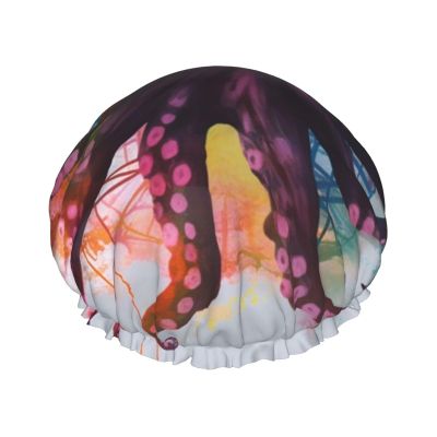 Abstract Colorful Octopus Shower Cap For Women Reusable Double Layers Bathing Bath Cap Hair Caps Waterproof Elastic Band Ladies Spa Salon Shower Hat Hair Caps