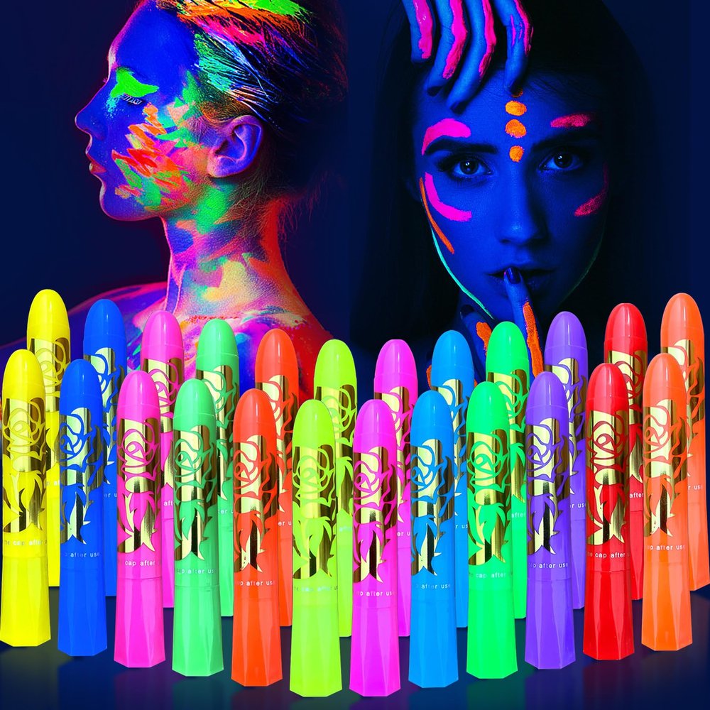 Glow in the Dark Face Body Painting, Glow Blacklight Face & Body Paint Makeup, Mardi Gras Halloween UV Crayon Kit Black Light Birthday Party Camouflage Party Supplies (24 color)