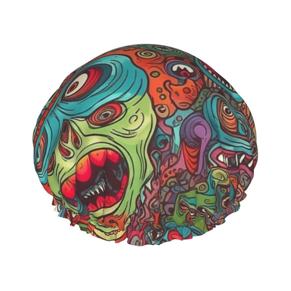 Abstract Monster Shower Cap For Women Reusable Double Layers Bathing Bath Cap Hair Caps Waterproof Elastic Band Ladies Spa Salon Shower Hat Hair Caps