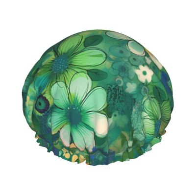 Abstract Seasonal Green Floral Shower Cap For Women Reusable Double Layers Bathing Bath Cap Hair Caps Waterproof Elastic Band Ladies Spa Salon Shower Hat Hair Caps