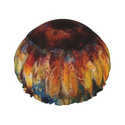 Abstract Sunflower Multicolor Shower Cap For Women Reusable Double Layers Bathing Bath Cap Hair Caps Waterproof Elastic Band Ladies Spa Salon Shower Hat Hair Caps