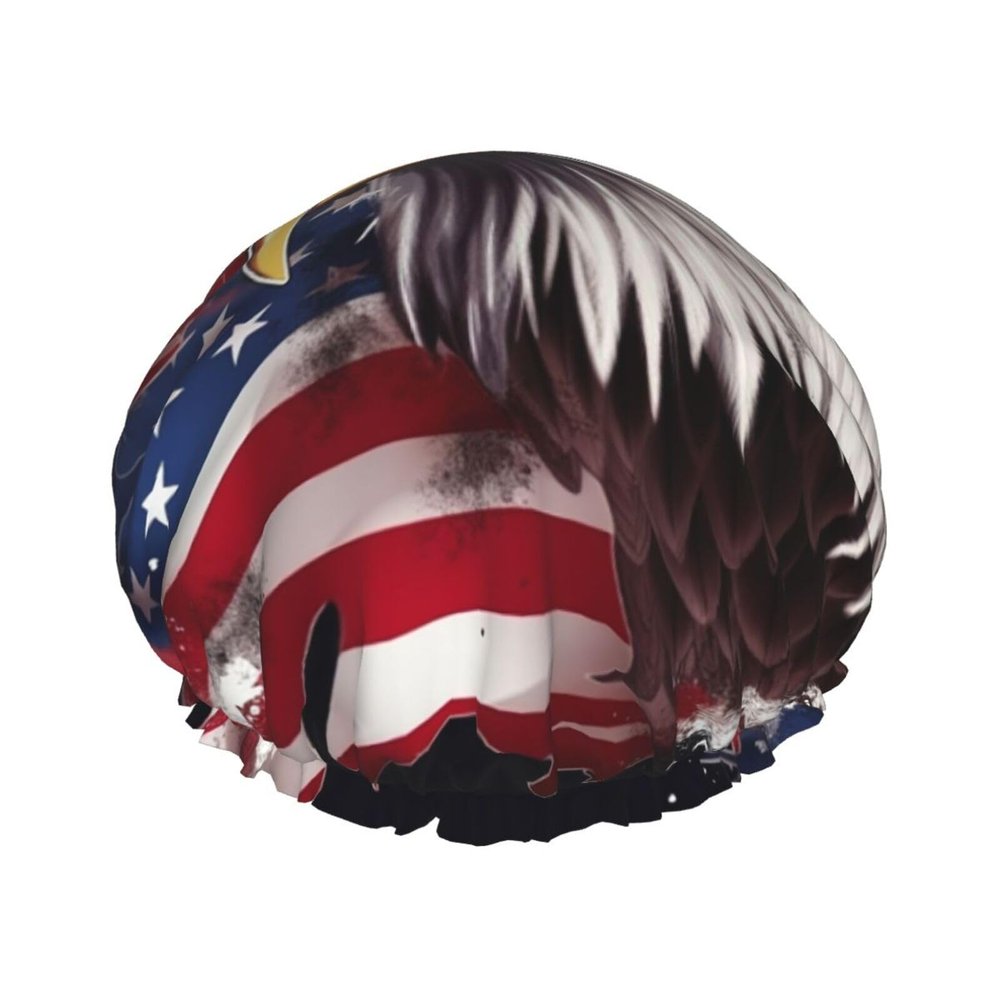 America Us Flag Bald Eagle Shower Cap For Women Reusable Double Layers Bathing Bath Cap Hair Caps Waterproof Elastic Band Ladies Spa Salon Shower Hat Hair Caps