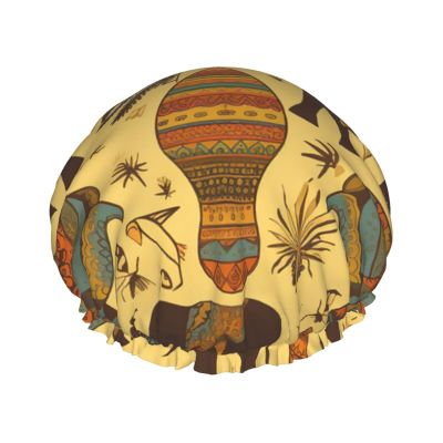 Africa Elephant Shower Cap For Women Reusable Double Layers Bathing Bath Cap Hair Caps Waterproof Elastic Band Ladies Spa Salon Shower Hat Hair Caps
