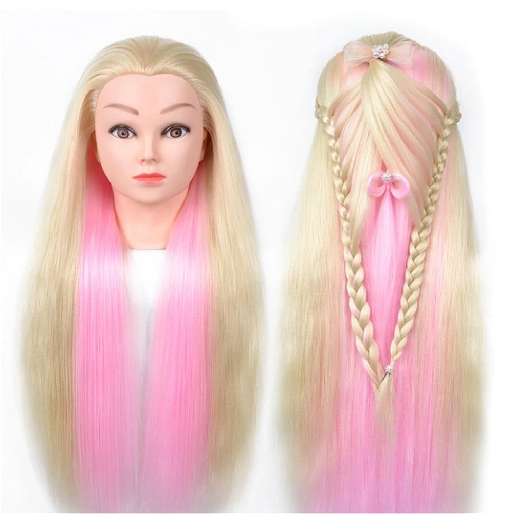 100% High Temperature Fiber Blonde Hair Mannequin Head Training Head For Braid Hairdressing Manikin Doll Head With Wig Tripod(WHITE)