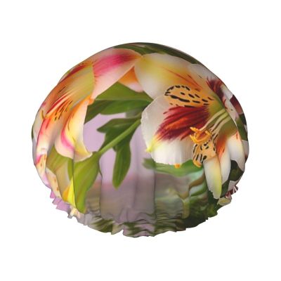 Alstroemeria Shower Cap For Women Reusable Double Layers Bathing Bath Cap Hair Caps Waterproof Elastic Band Ladies Spa Salon Shower Hat Hair Caps