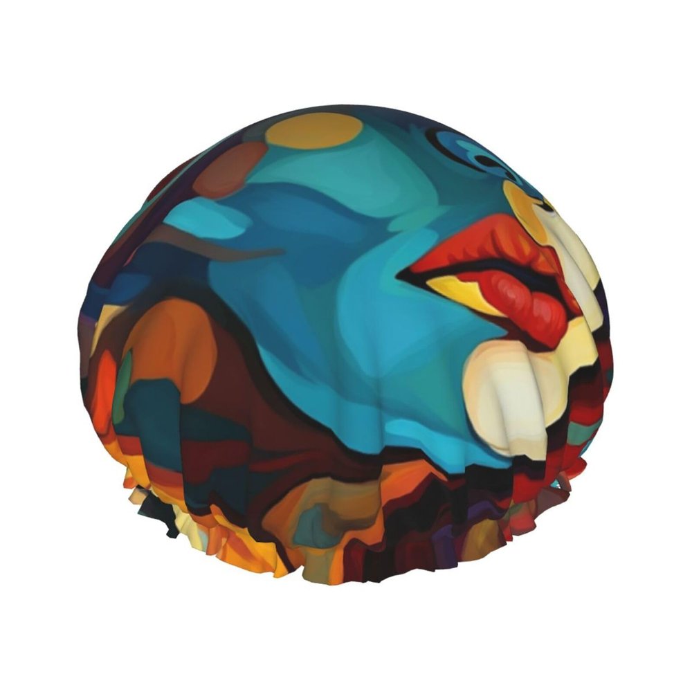 Abstract Colored Woman Face Shower Cap For Women Reusable Double Layers Bathing Bath Cap Hair Caps Waterproof Elastic Band Ladies Spa Salon Shower Hat Hair Caps
