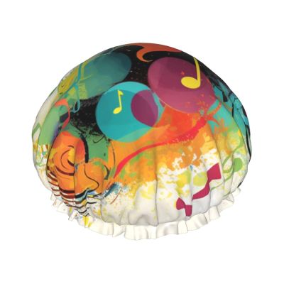 Abstract Music Themed Shower Cap For Women Reusable Double Layers Bathing Bath Cap Hair Caps Waterproof Elastic Band Ladies Spa Salon Shower Hat Hair Caps