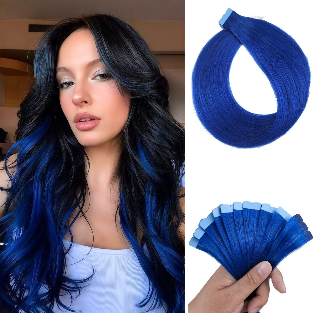 Blue Tape in Hair Extensions Human Hair Invisible for Costume