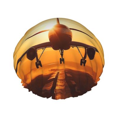 Aircraft Plane At Sunset Shower Cap For Women Reusable Double Layers Bathing Bath Cap Hair Caps Waterproof Elastic Band Ladies Spa Salon Shower Hat Hair Caps
