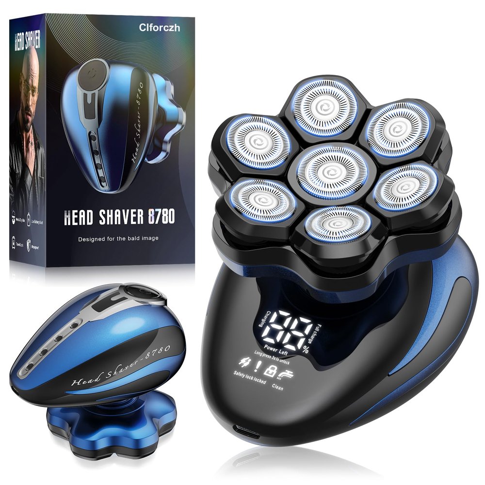 Clforczh Head Shavers for Bald Men - 7D Detachable Electric Razor, IPX6 Waterproof Wet Dry Rotary Shavers, LED Display Rechargeable Head Shaving with Fast Charging, Blue