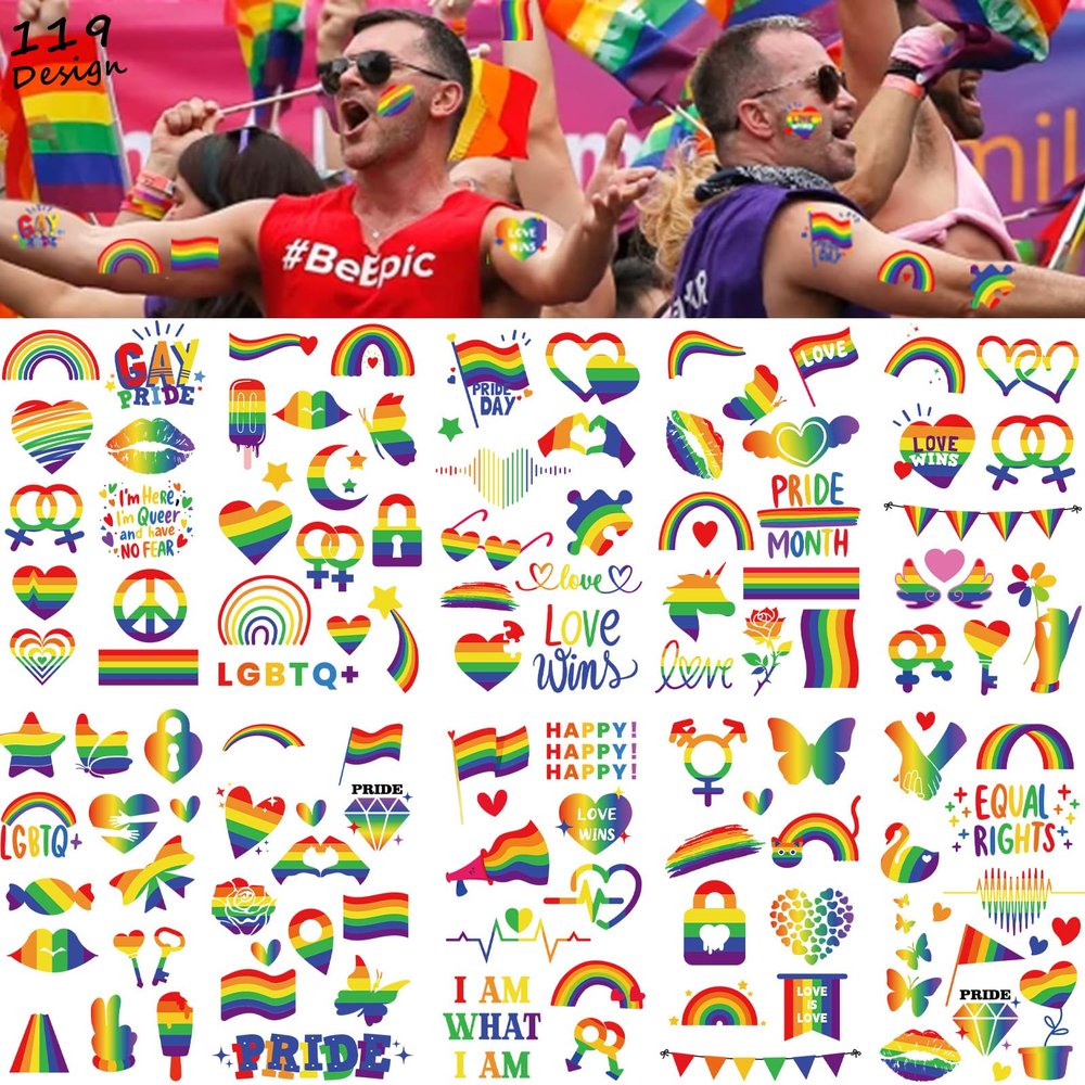 119+ Pcs Gay Pride Tattoos - Temporary Rainbow Flag Tattoo Stickers, Heart Lips Love Face Body Tattoos for Pride Month Festival Equality Parades Celebrations, Rainbow Art Crafts